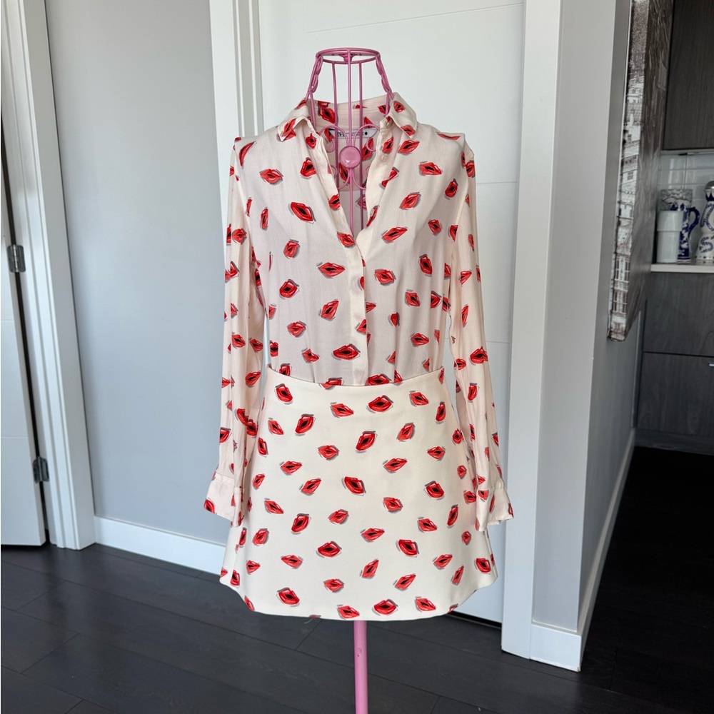 Zara Cream Blouse with Red Lip Pattern and Skirt Set